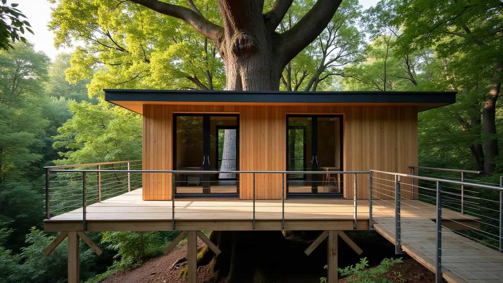 Cabane dans les arbres contemporaine, bardage en mélèze et baie vitrée, posée sur son arbre porteur avec une passerelle suspendue
