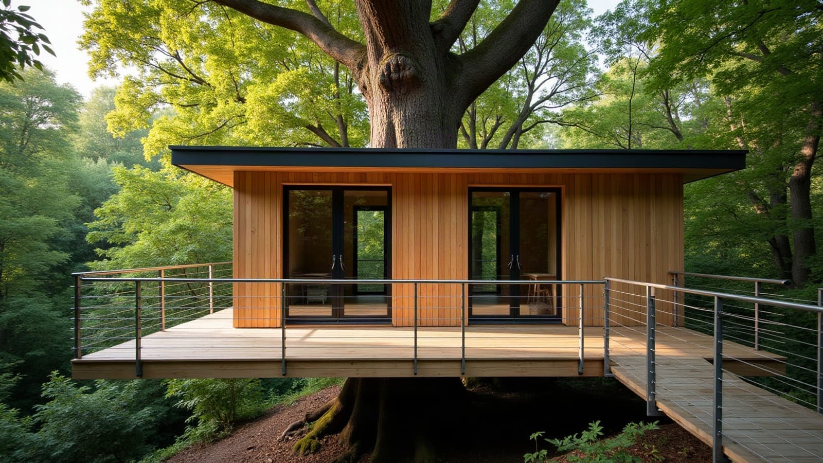 Cabane dans les arbres contemporaine, bardage en mélèze et baie vitrée, posée sur son arbre porteur avec une passerelle suspendue