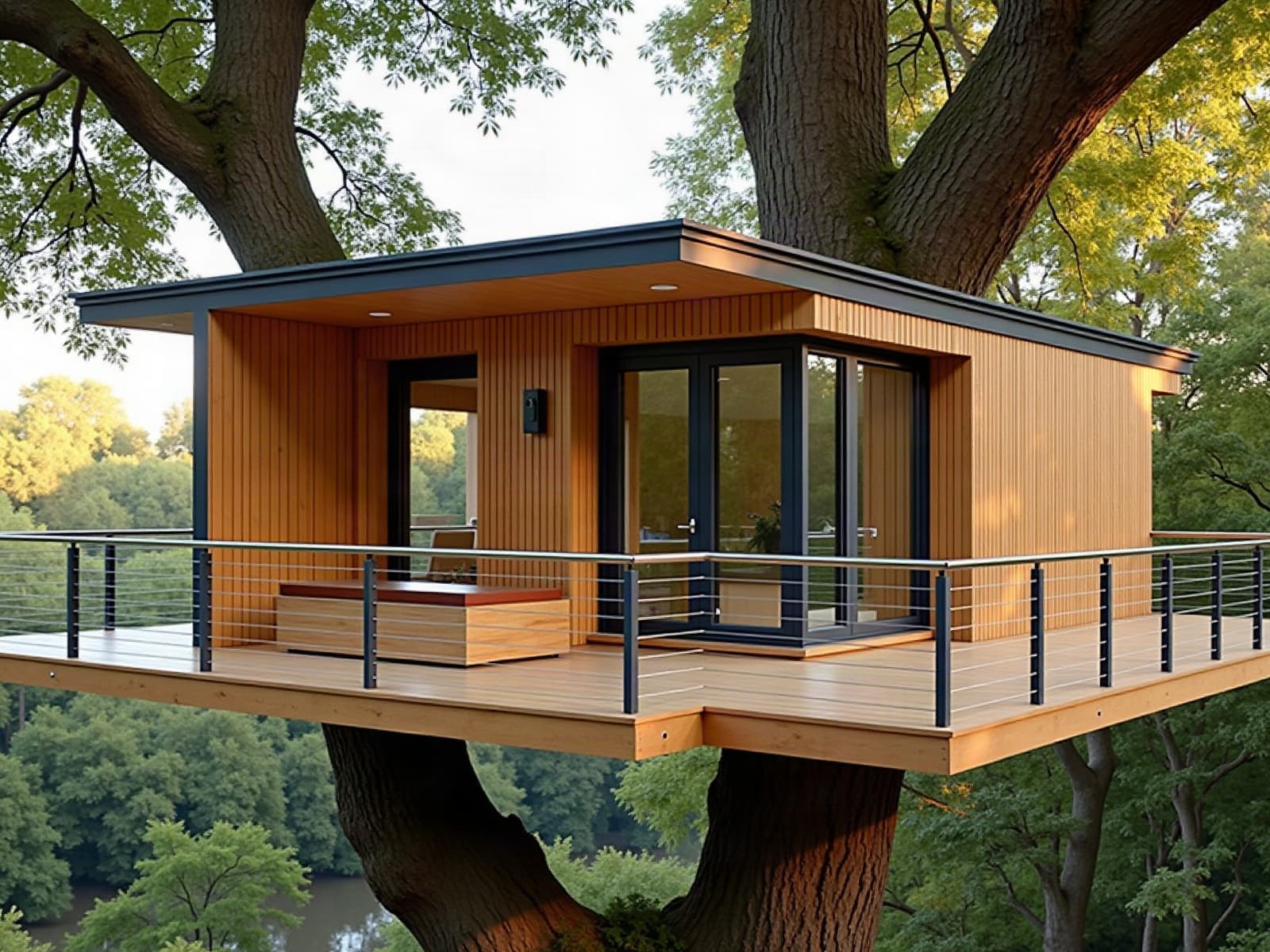 Terrasse d'une cabane perchée en mélèze dans un grand chêne, bac de spa en bois fermé par son couvercle et garde-corps à câbles inox