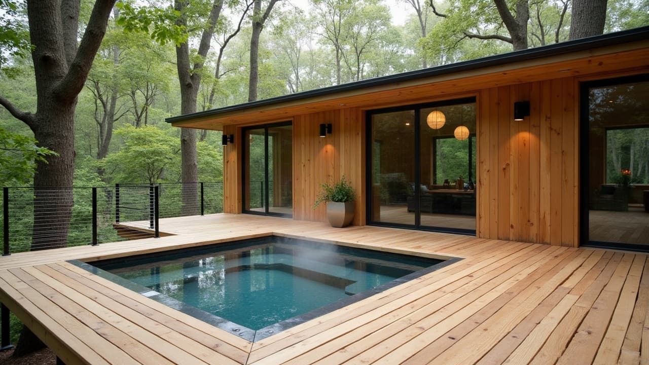 Terrasse d'une cabane perchée avec spa en bois intégré à la plateforme, légère vapeur au-dessus de l'eau