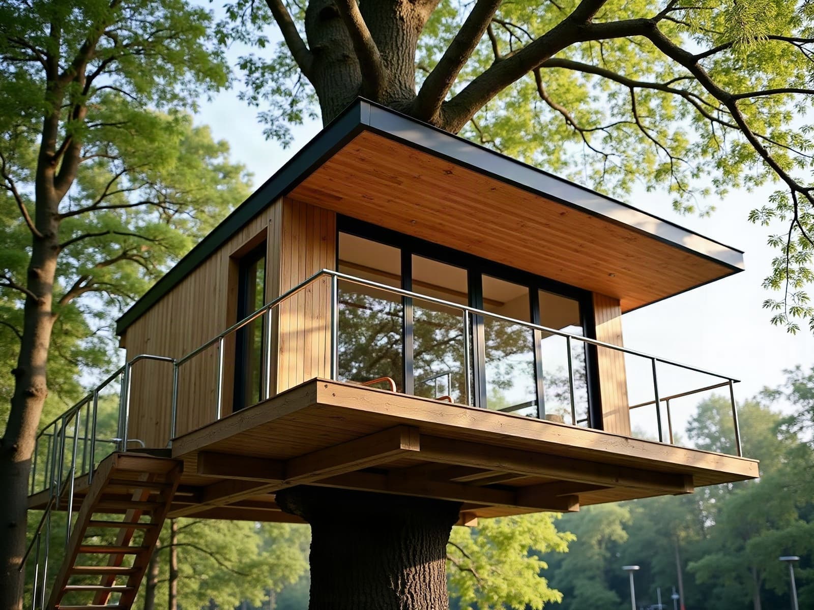 Cabane perchée vue d'en dessous, plateforme portée par un seul chêne grâce à quatre jambes de force ancrées au tronc, sans poteau au sol