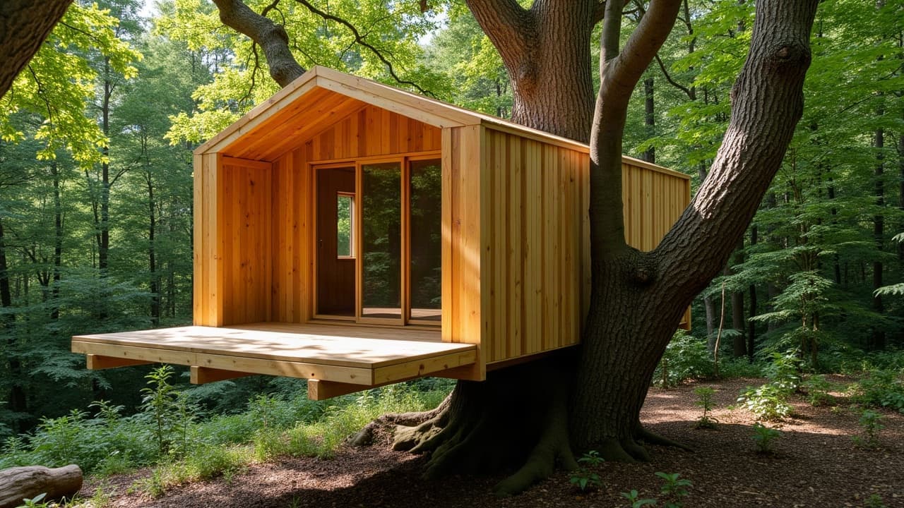 Cabane perchée reposant directement sur un unique tronc porteur, sans aucun appui au sol