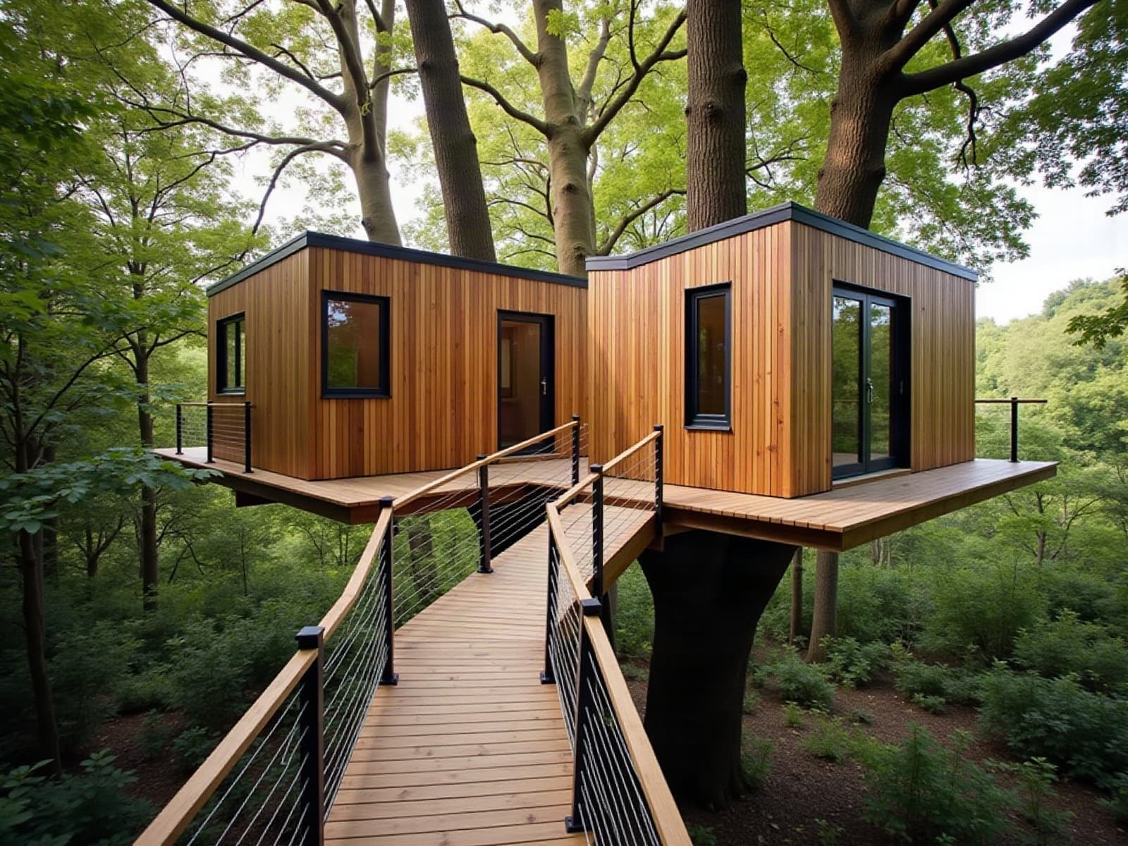 Deux cabanes perchées contemporaines reliées par une longue passerelle en bois à câbles inox, dans un grand domaine boisé