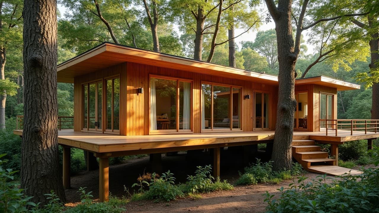 Grande cabane perchée collective avec large terrasse et façades vitrées, pensée pour un usage professionnel