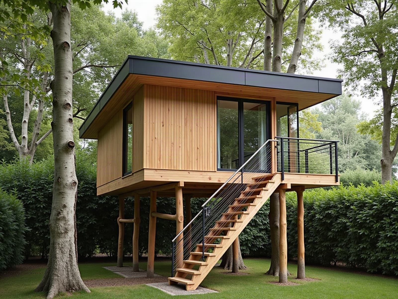 Cabane contemporaine sur pilotis en bois au milieu des arbres d'un jardin, escalier droit à câbles inox jusqu'à la terrasse