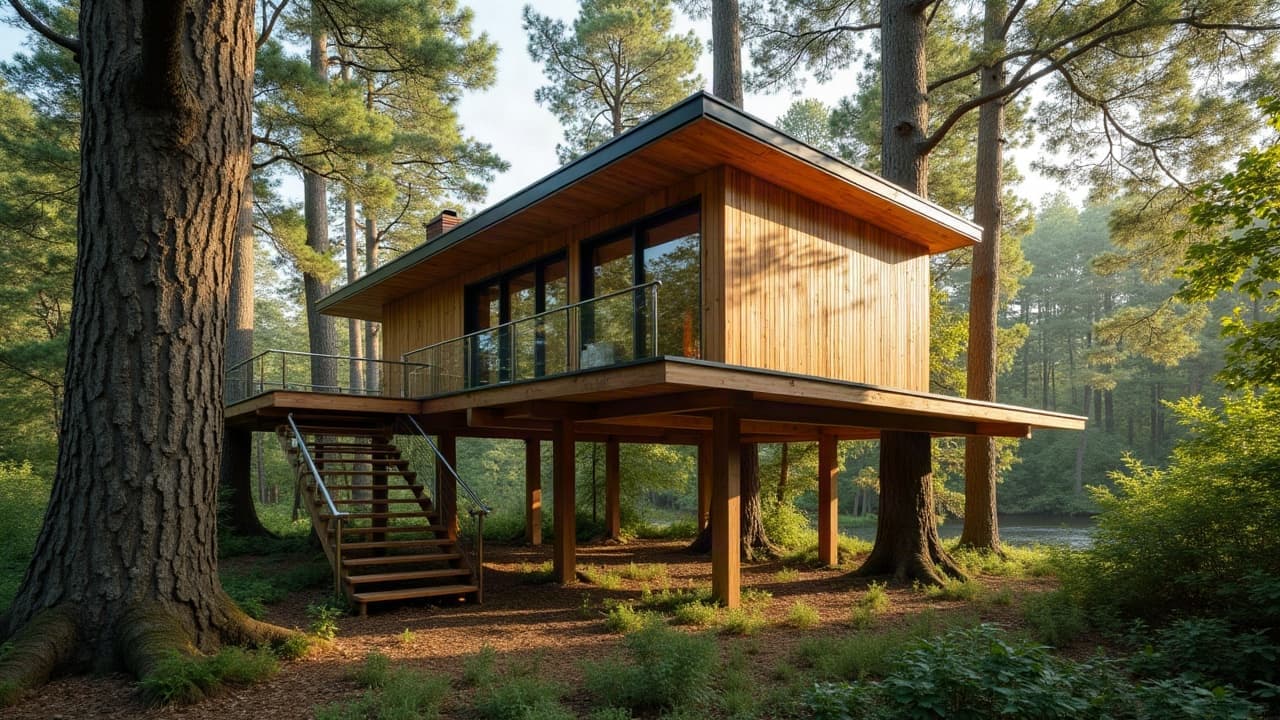 Cabane contemporaine surélevée sur des pilotis en bois, sans appui sur un tronc d'arbre
