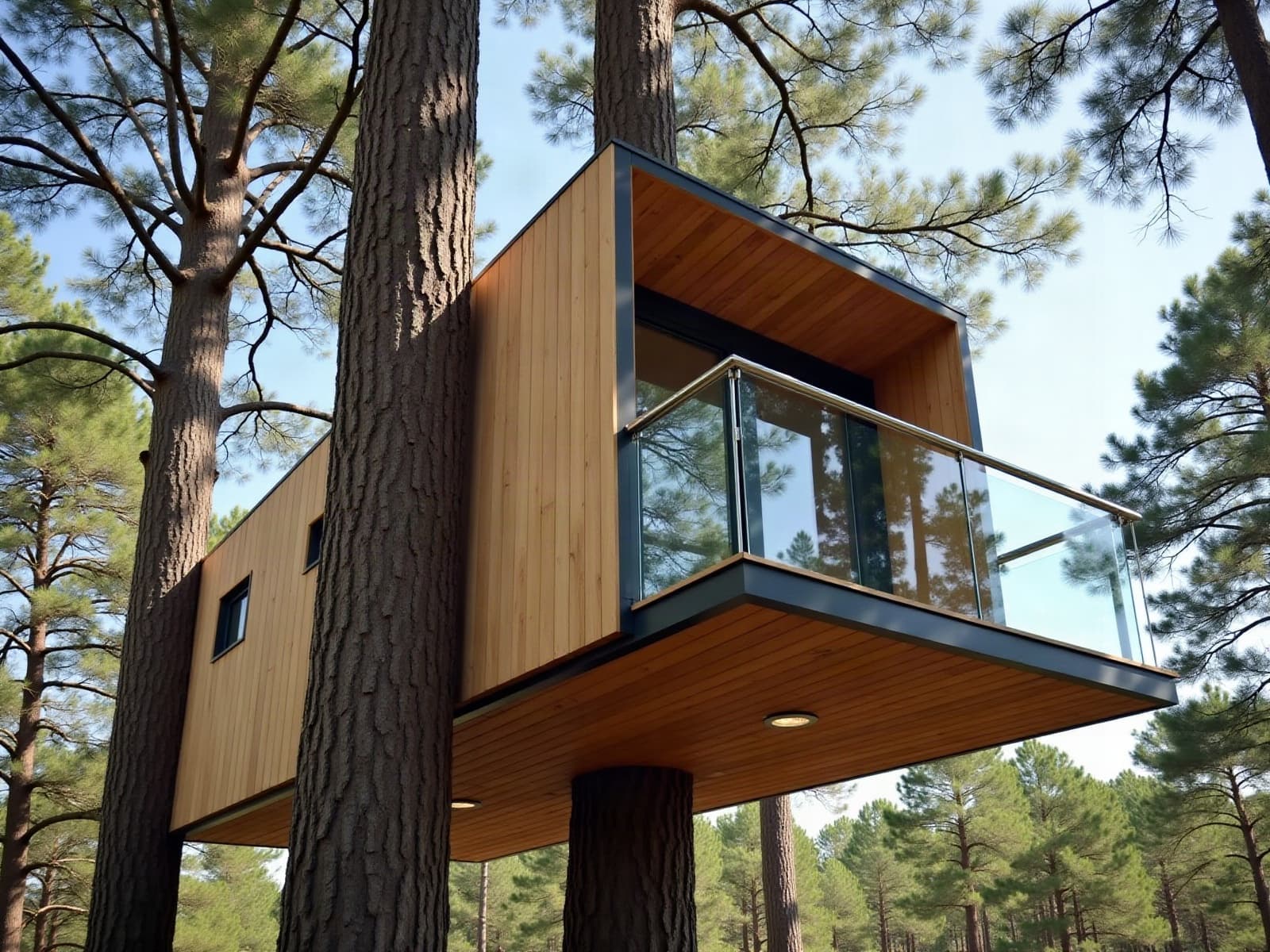 Cabane perchée accrochée entre plusieurs troncs de pins, terrasse en porte-à-faux à garde-corps vitré