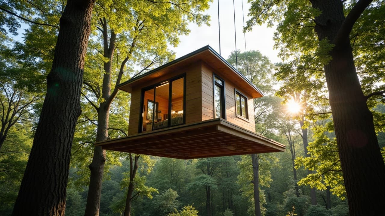 Cabane suspendue en hauteur par plusieurs câbles inoxydables tendus entre les arbres