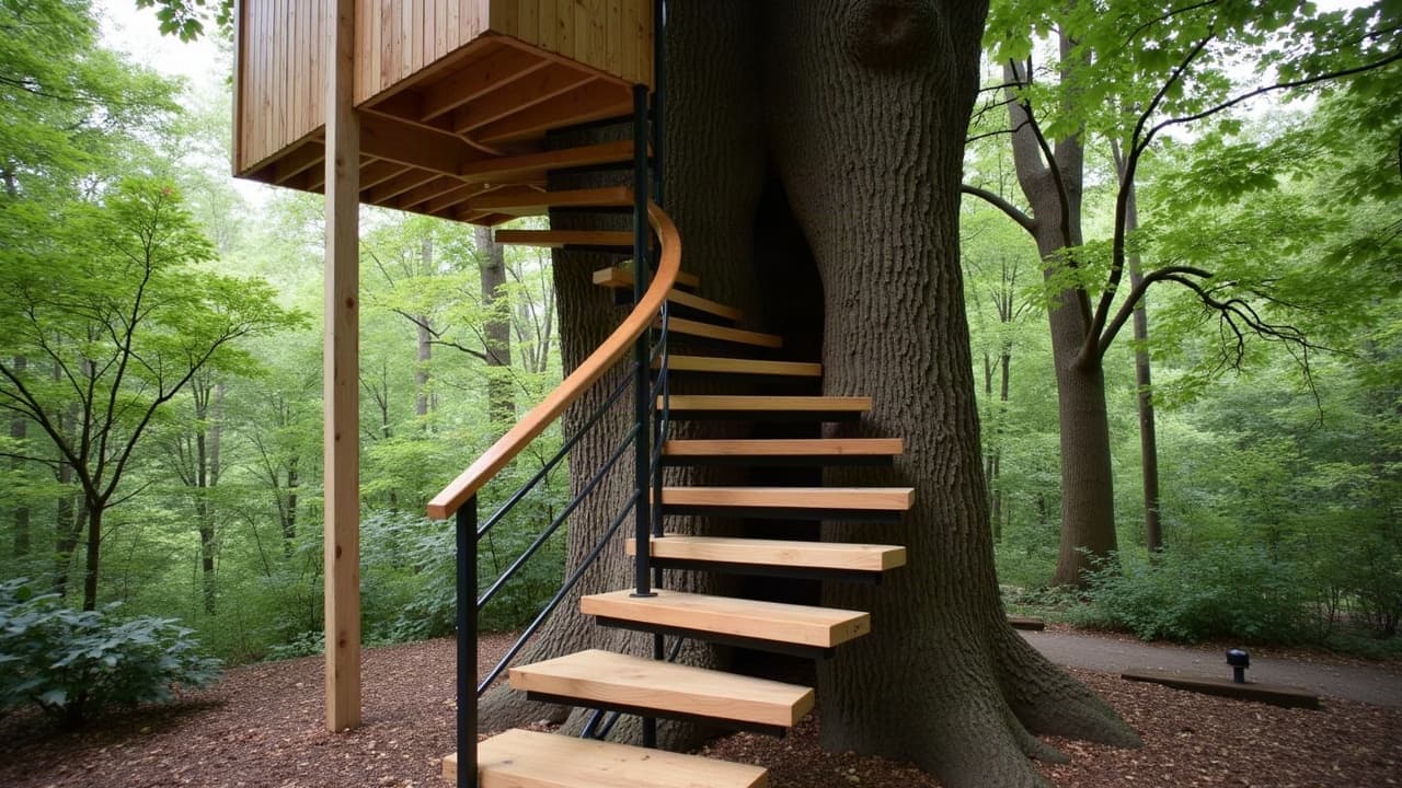 Escalier hélicoïdal en bois et acier s'enroulant autour d'un tronc pour accéder à une cabane perchée