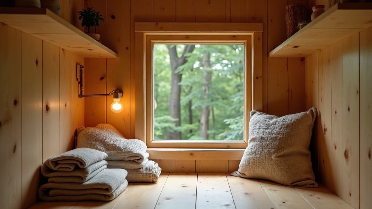 Coin lecture intégré dans une cabane perchée, plaids pliés et fenêtre ouverte sur la forêt