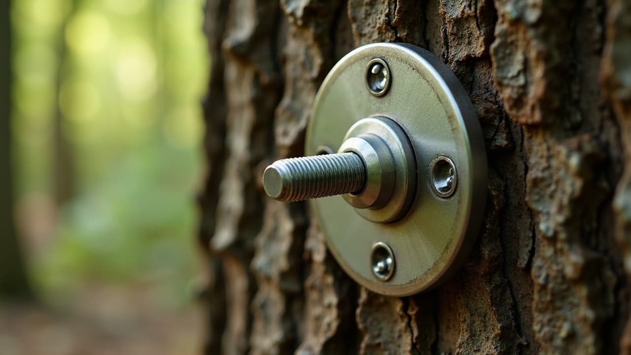 Gros plan sur un boulon traversant et sa rondelle fixés dans l'écorce saine d'un arbre porteur