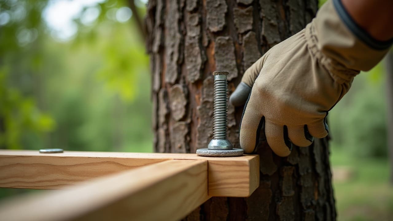 Main gantée serrant un boulon d'ancrage inoxydable qui fixe une solive en douglas sur l'écorce d'un arbre porteur
