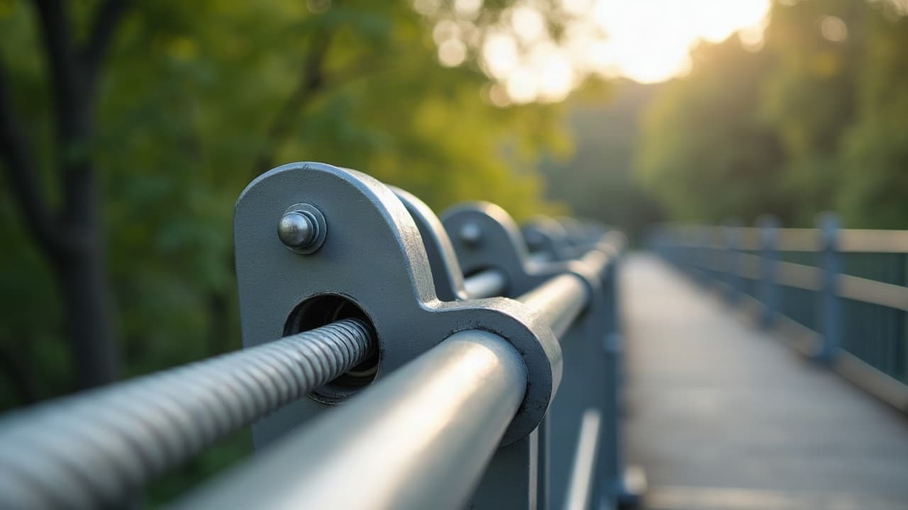 Gros plan sur un tendeur inoxydable qui règle la tension d'un câble de garde-corps