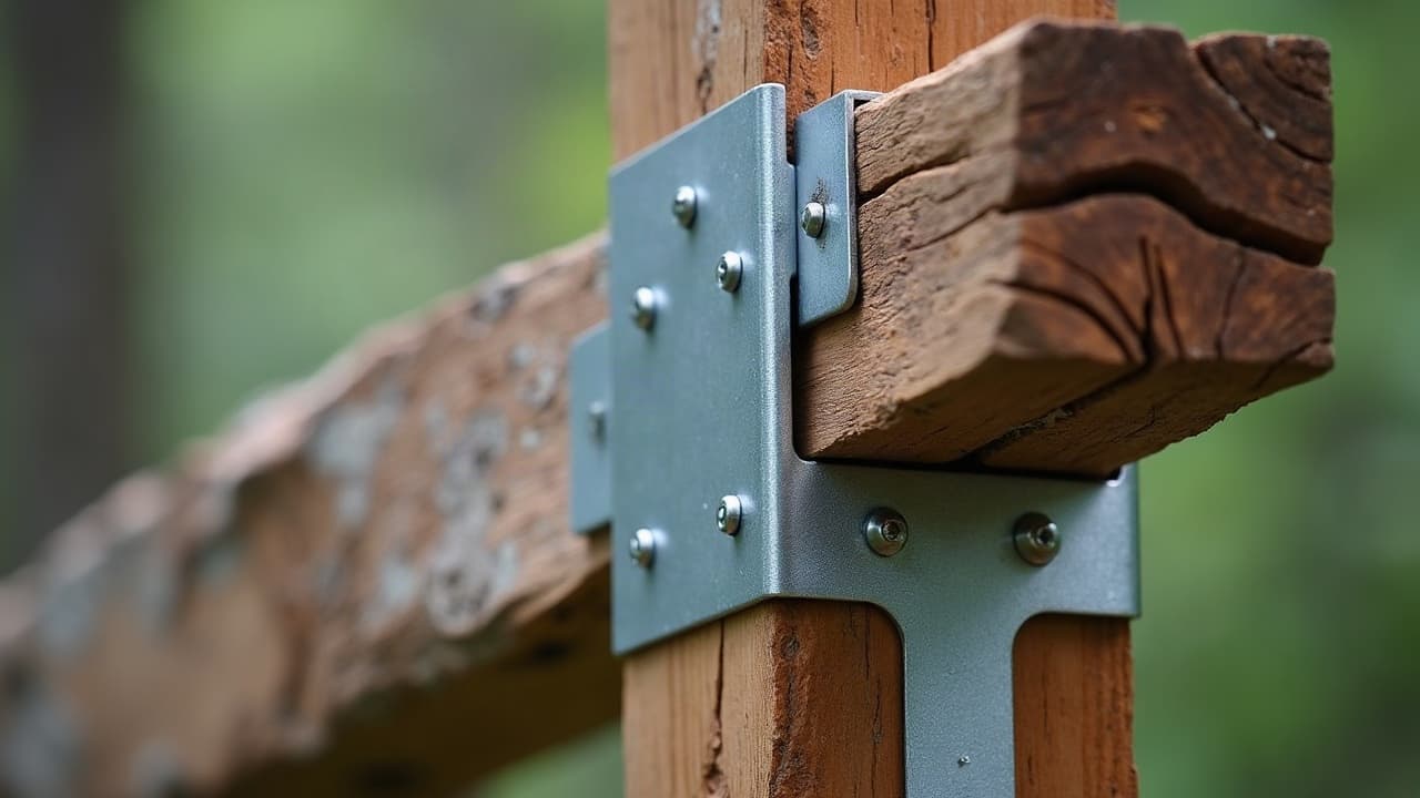 Nouvelle équerre de renfort galvanisée fixée sur une poutre existante lors d'une consolidation