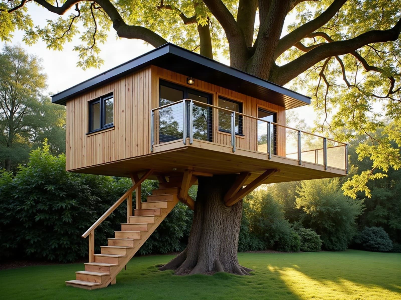 Cabane perchée contemporaine en bardage de mélèze, posée sur le tronc d'un chêne adulte et deux jambes de force, terrasse à garde-corps vitré et escalier droit en bois depuis la pelouse