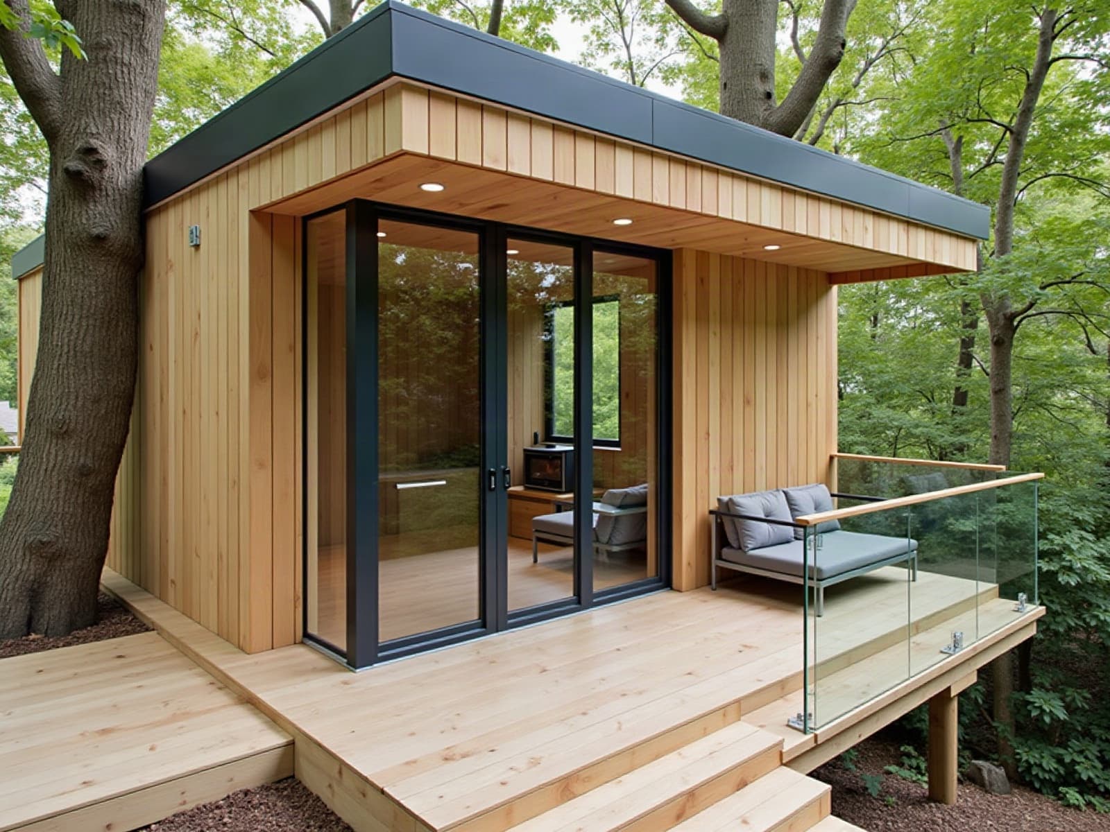 Cabane perchée finie, grande baie vitrée ouverte sur un intérieur clair avec petit poêle à bois, terrasse à garde-corps vitré