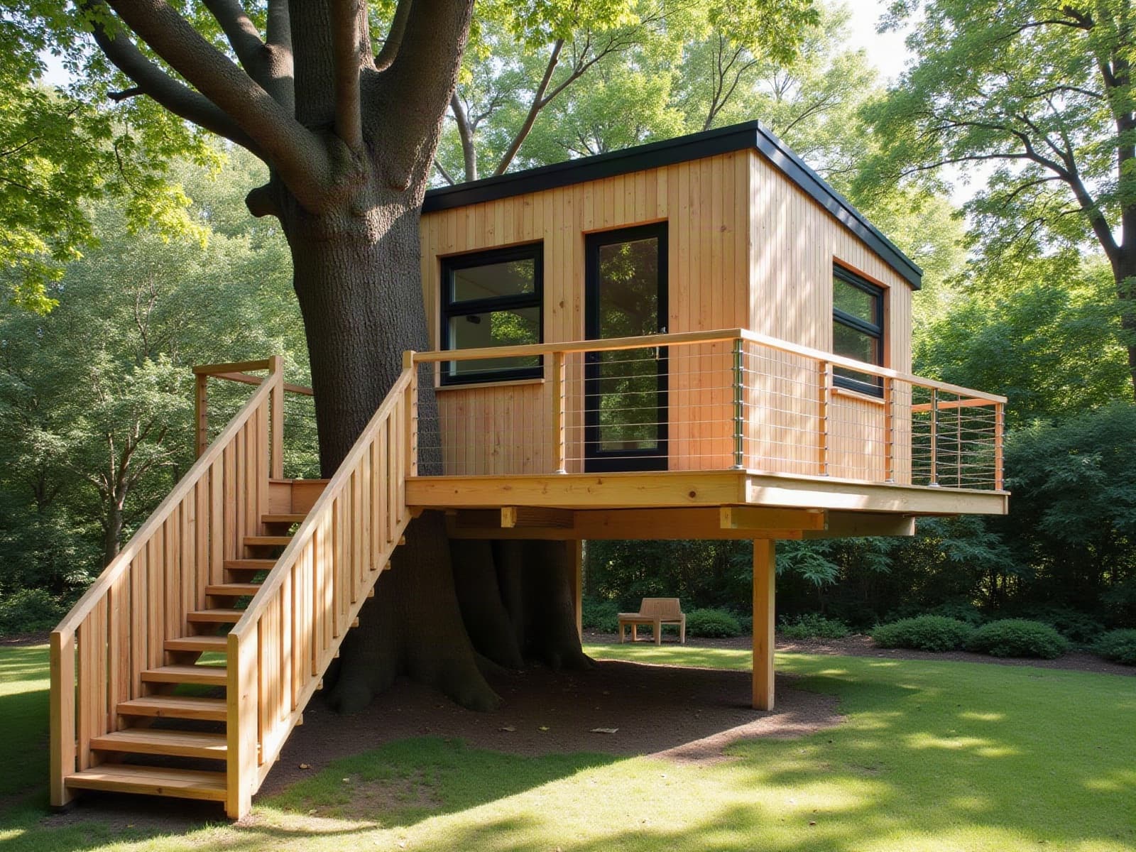 Escalier droit en bois montant à la terrasse d'une cabane perchée en mélèze, appuyée sur un grand chêne et un poteau, garde-corps à câbles inox