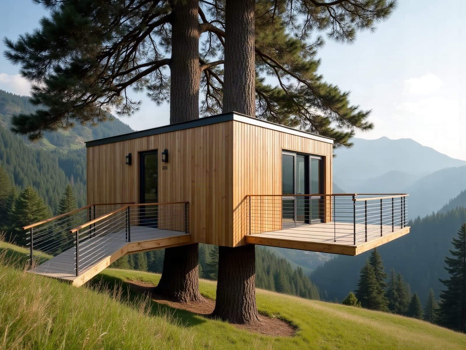 Cabane perchée contemporaine en mélèze portée par deux grands pins au bord d'un pré de montagne, toit plat sombre et rampe d'accès à câbles inox