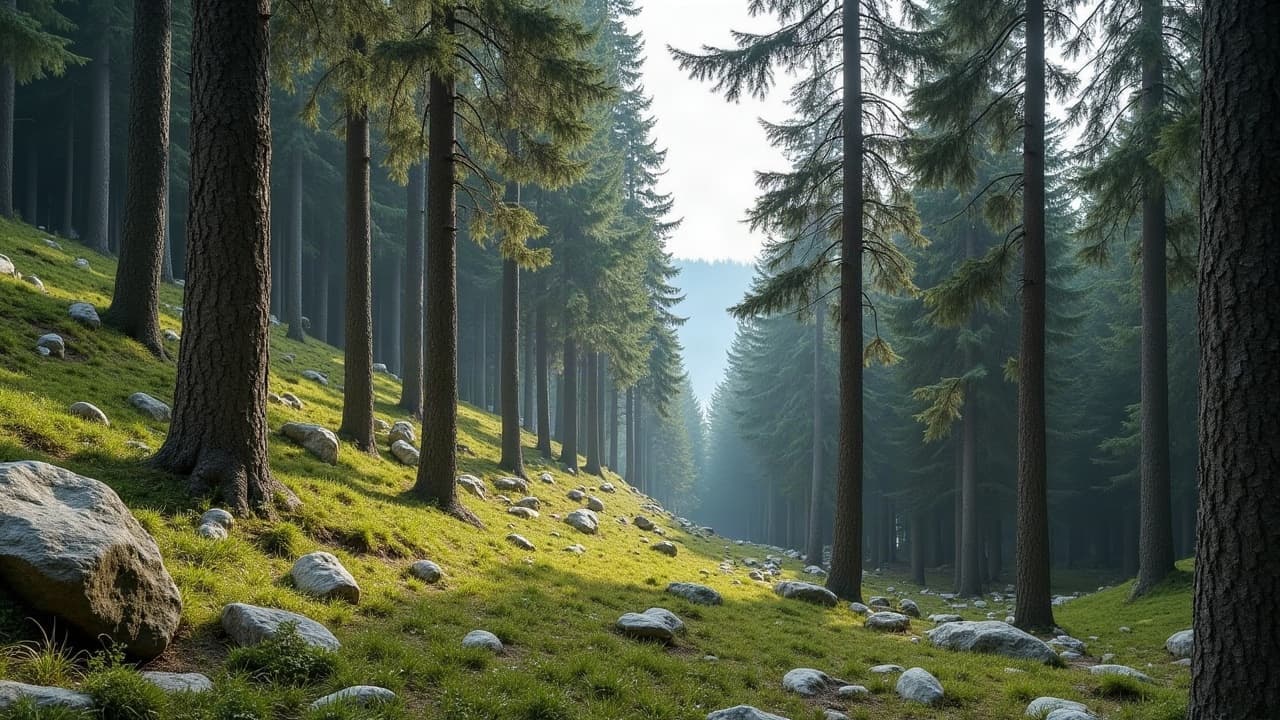 Forêt de mélèzes et de sapins sur un versant alpin escarpé en Auvergne-Rhône-Alpes