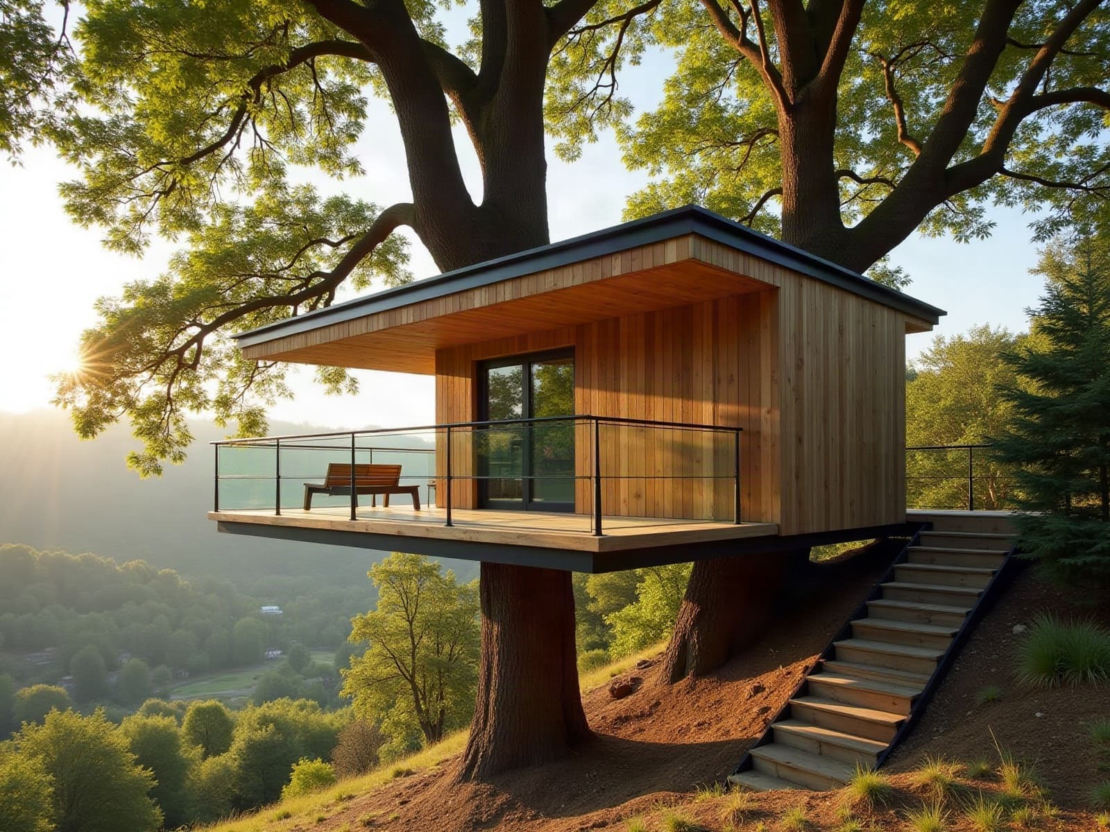 Cabane perchée en bois terminée dans un grand feuillu sur un coteau boisé, terrasse vitrée et escalier en bois posé sur la pente