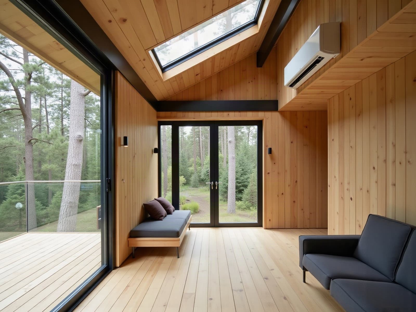 Intérieur fini d'une cabane perchée isolée, lambris clair, baie vitrée sur la forêt et climatiseur mural discret posé en hauteur
