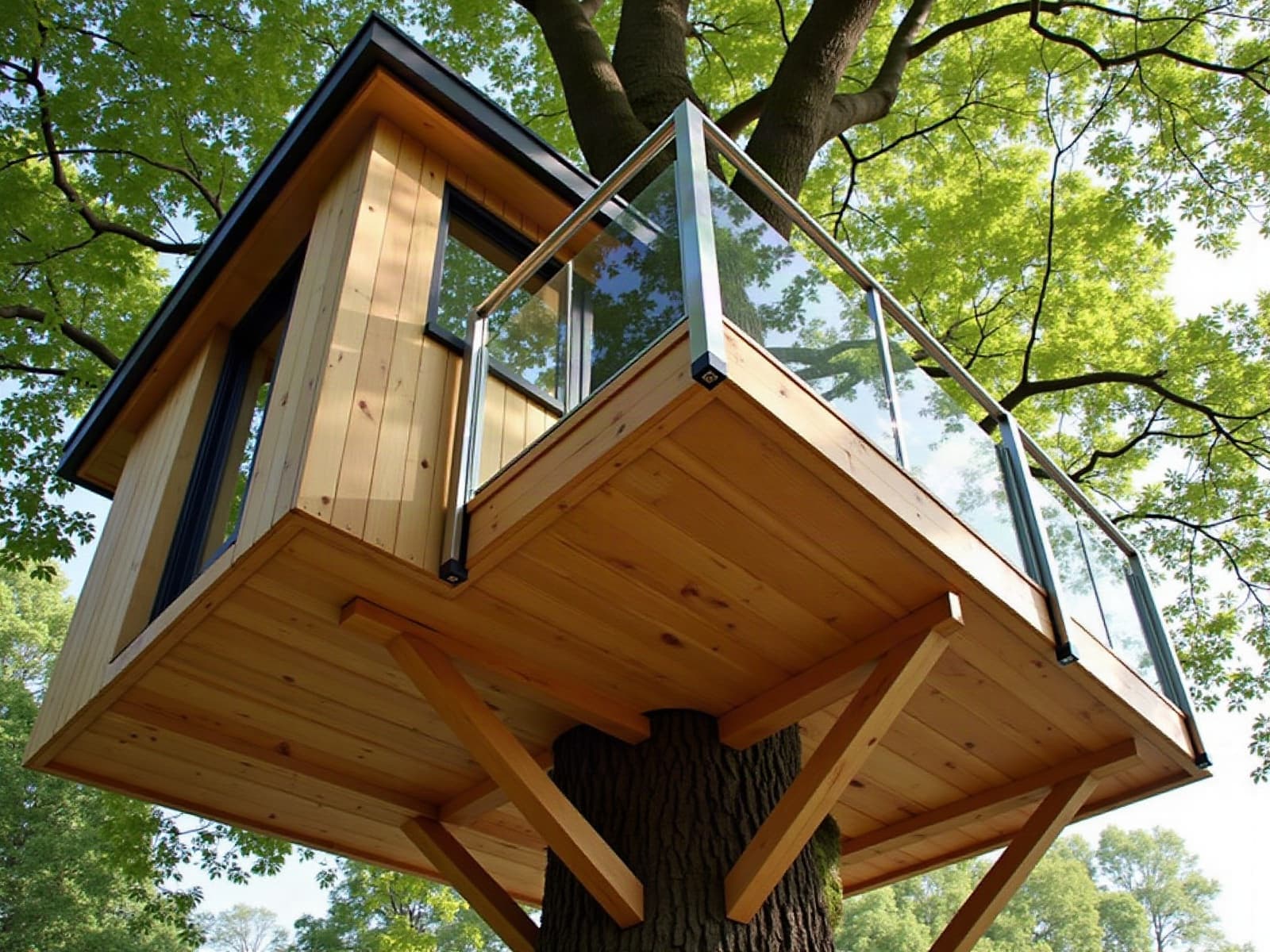 Dessous d'une plateforme de cabane perchée terminée, poutres en bois neuf et jambes de force ancrées au tronc d'un chêne porteur