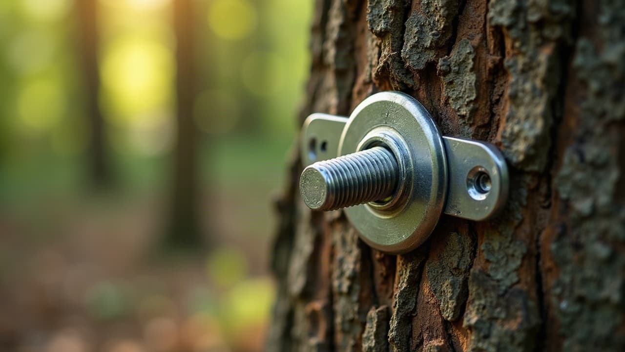 Boulon d'ancrage inoxydable fixé dans l'écorce saine d'un arbre porteur, détail de la fixation d'une cabane perchée
