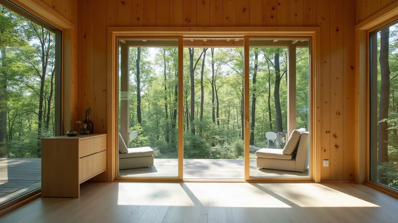 Angle vitré intérieur d'une cabane perchée avec vue sur la canopée depuis deux baies vitrées