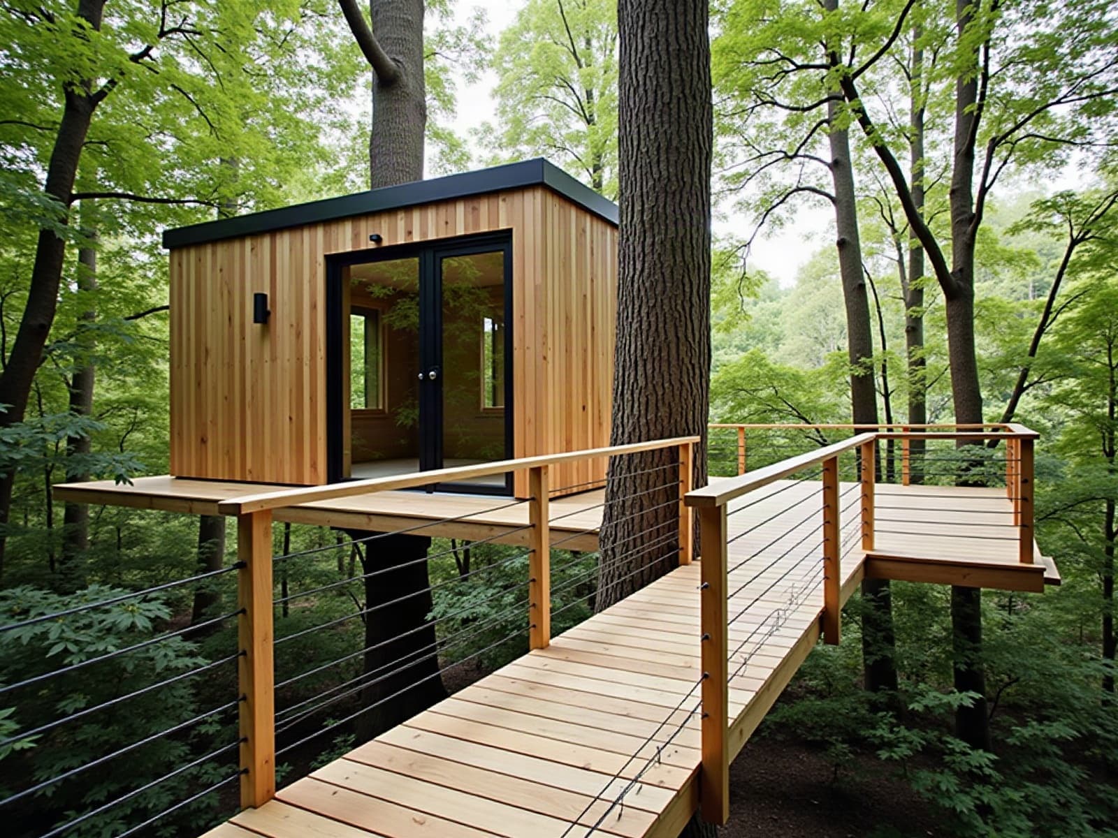 Passerelle suspendue en bois à garde-corps à câbles inox, tendue en hauteur entre deux arbres jusqu'à la terrasse d'une cabane perchée terminée