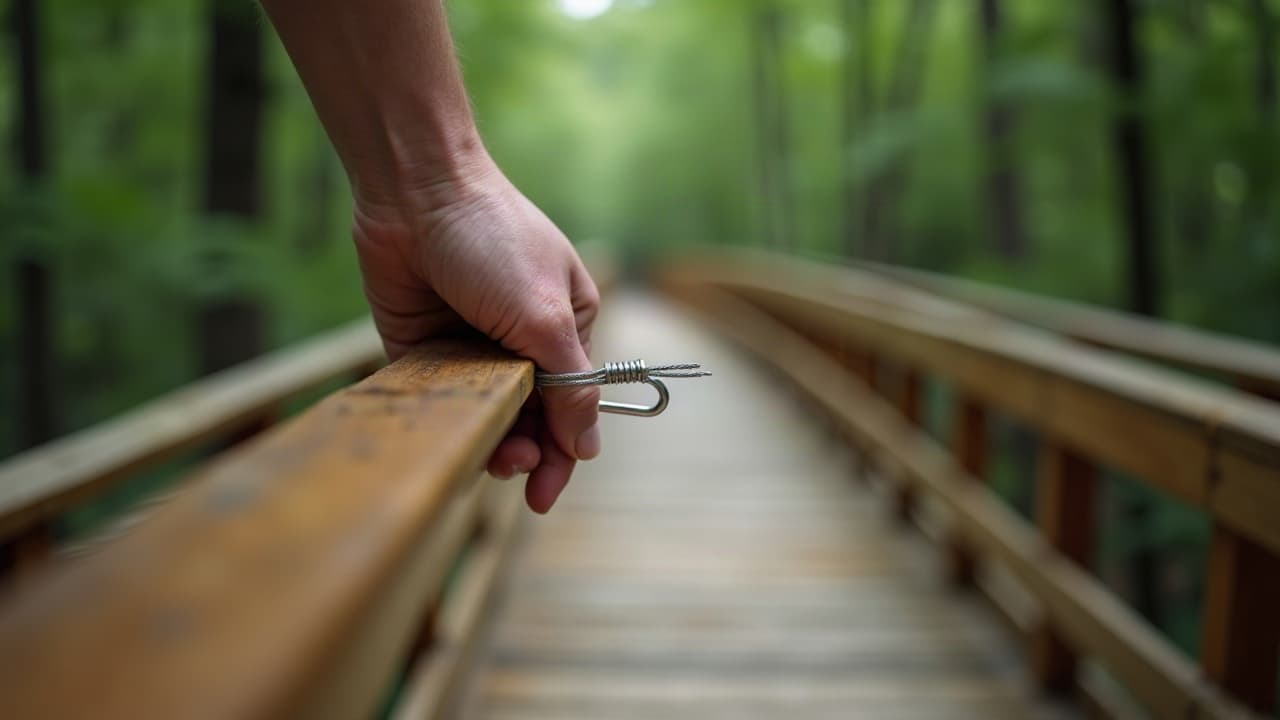 Main réglant la tension d'un câble sur le garde-corps d'une passerelle en cours de finition