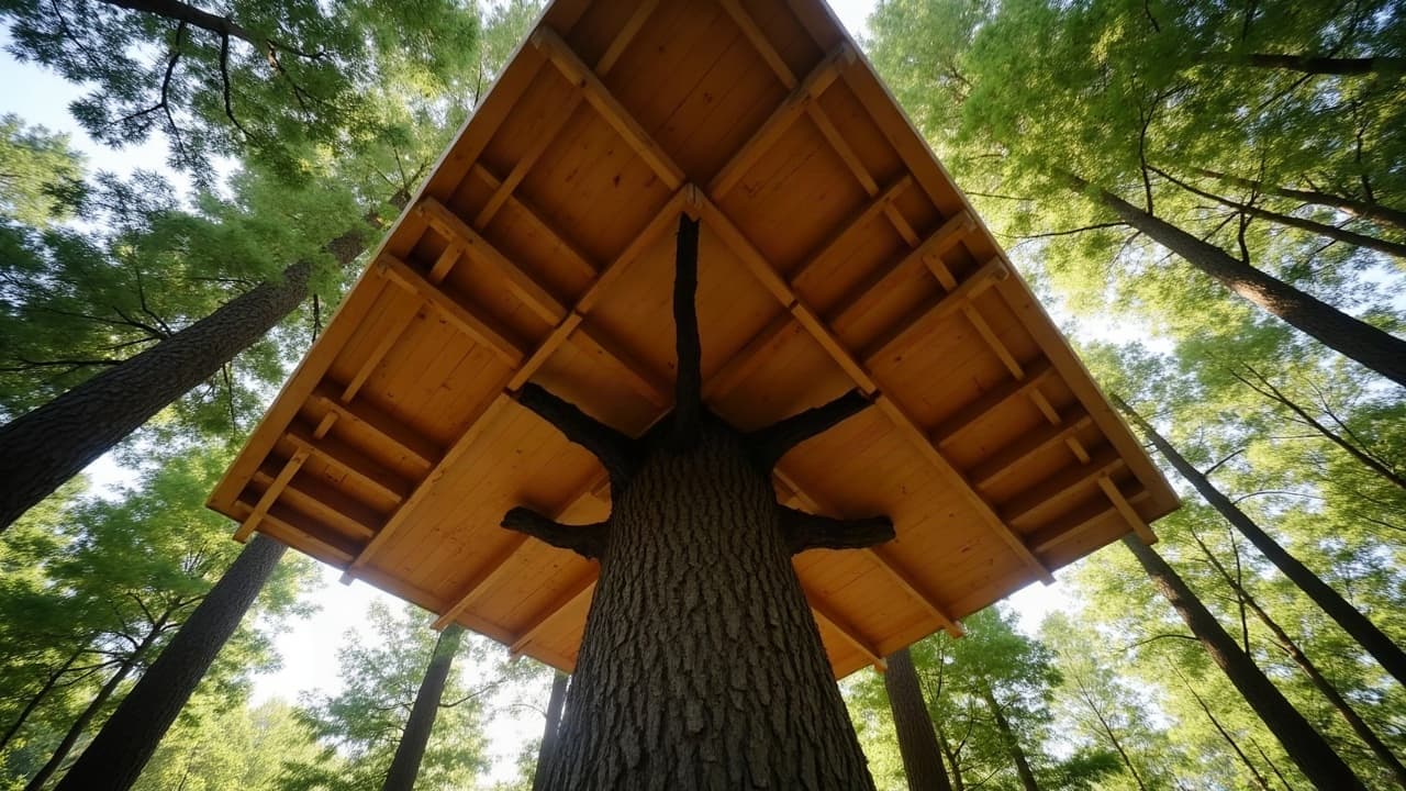 Vue en contre-plongée d'une plateforme de cabane perchée, solives en bois rayonnant autour du tronc porteur