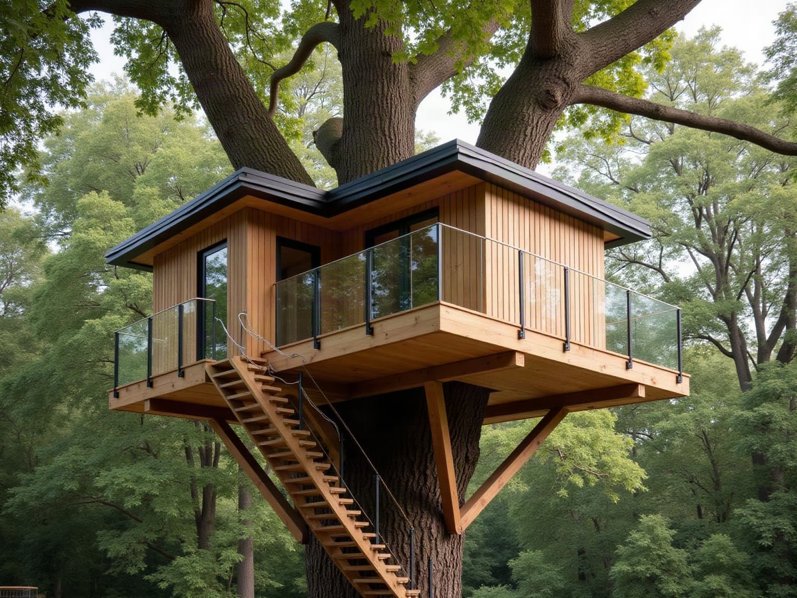 Cabane perchée contemporaine en bois clair ceinturant le tronc d'un grand chêne en lisière de futaie, garde-corps vitré, jambes de force et escalier droit