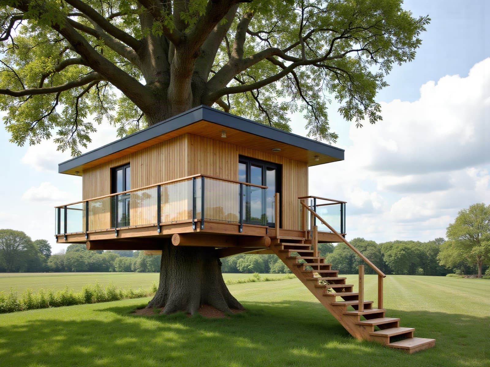 Cabane perchée contemporaine en bois portée par un grand chêne au bord d'un champ, terrasse à garde-corps vitré et escalier droit en bois