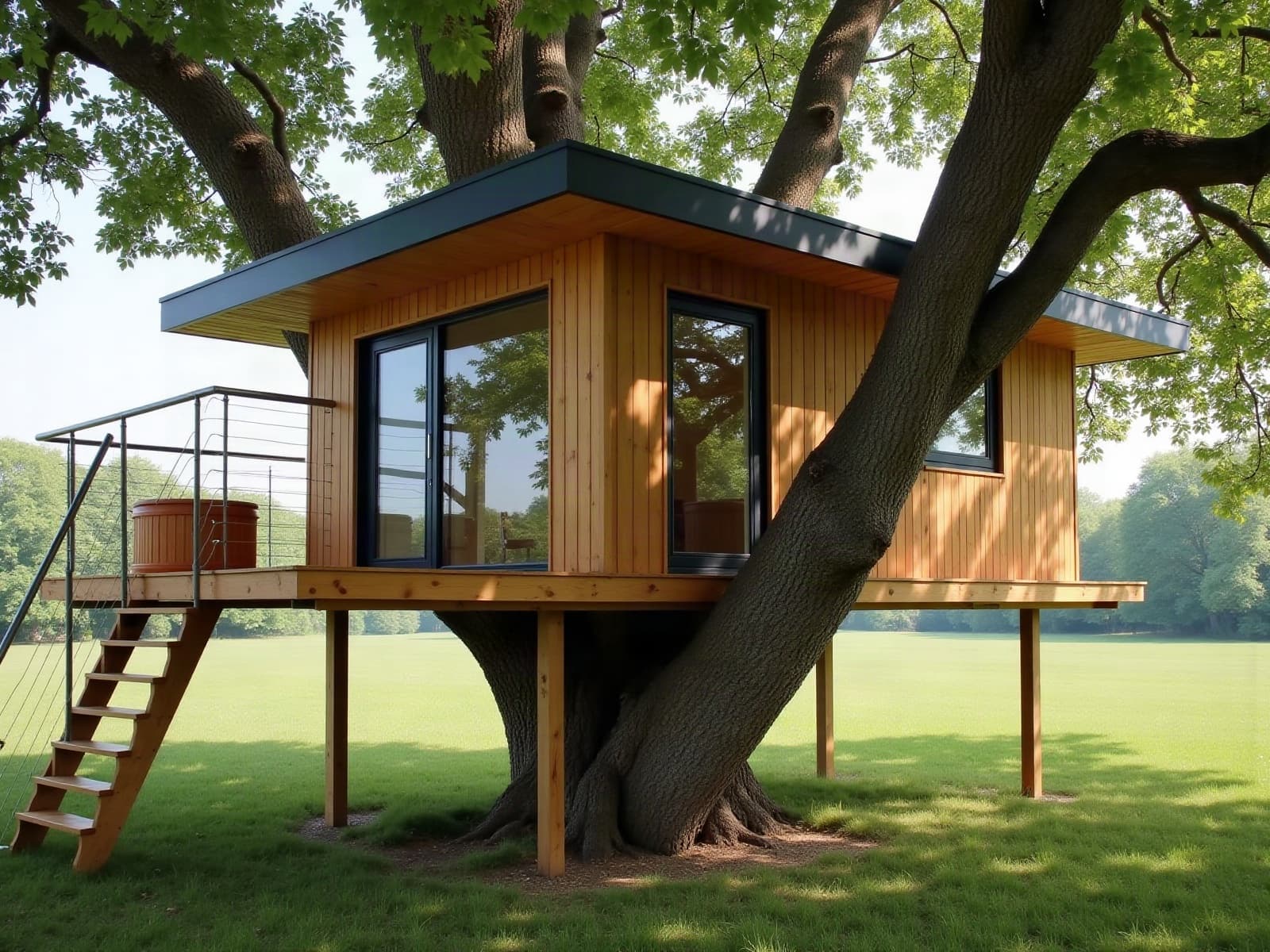 Cabane perchée en bois autour d'un grand chêne de bocage, plateforme renforcée sur poteaux portant un spa en bois, escalier droit jusqu'à la terrasse