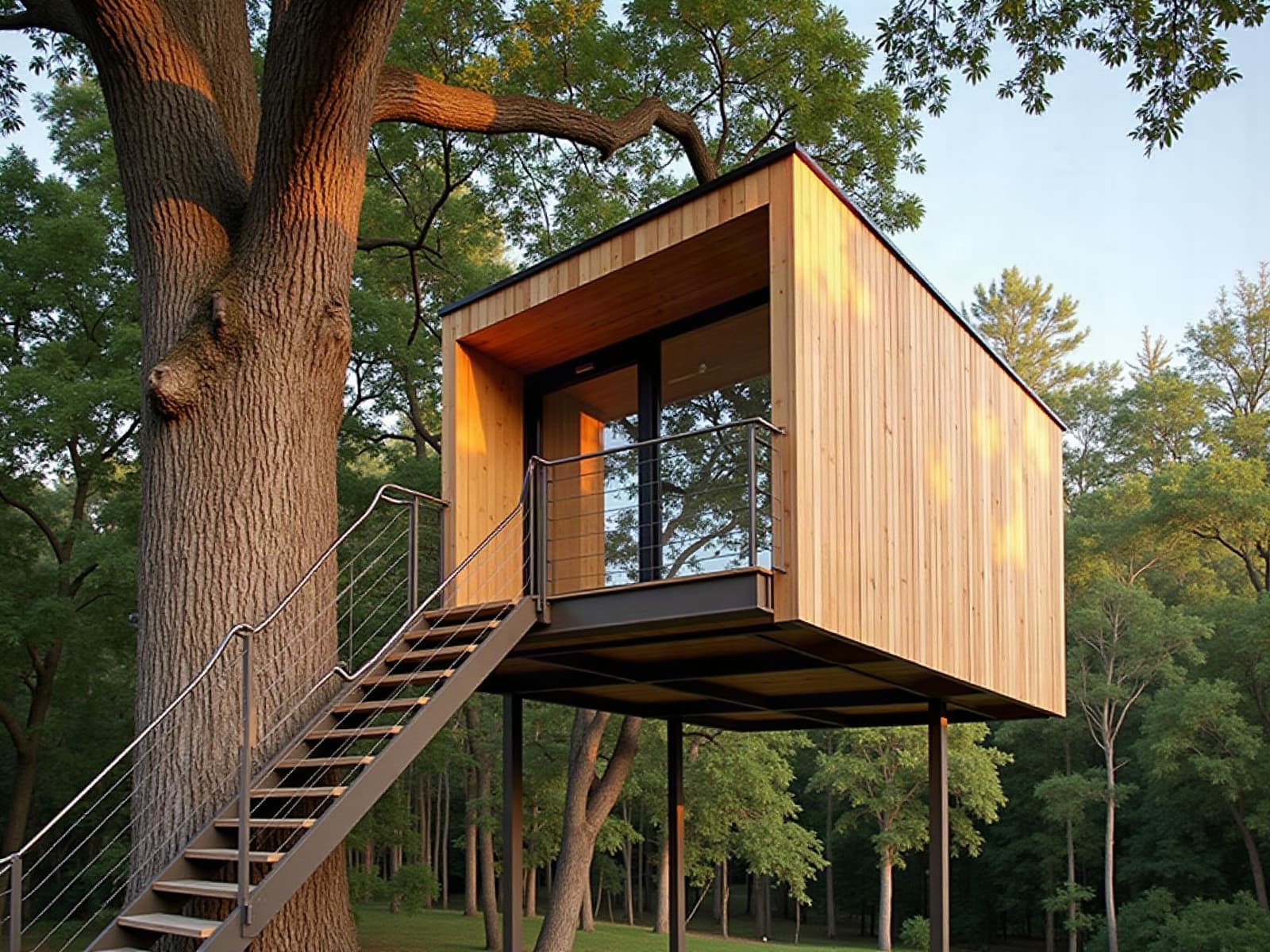 Cabane perchée contemporaine en bois clair sur poteaux au pied d'un grand chêne en lisière de forêt, escalier à câbles inox