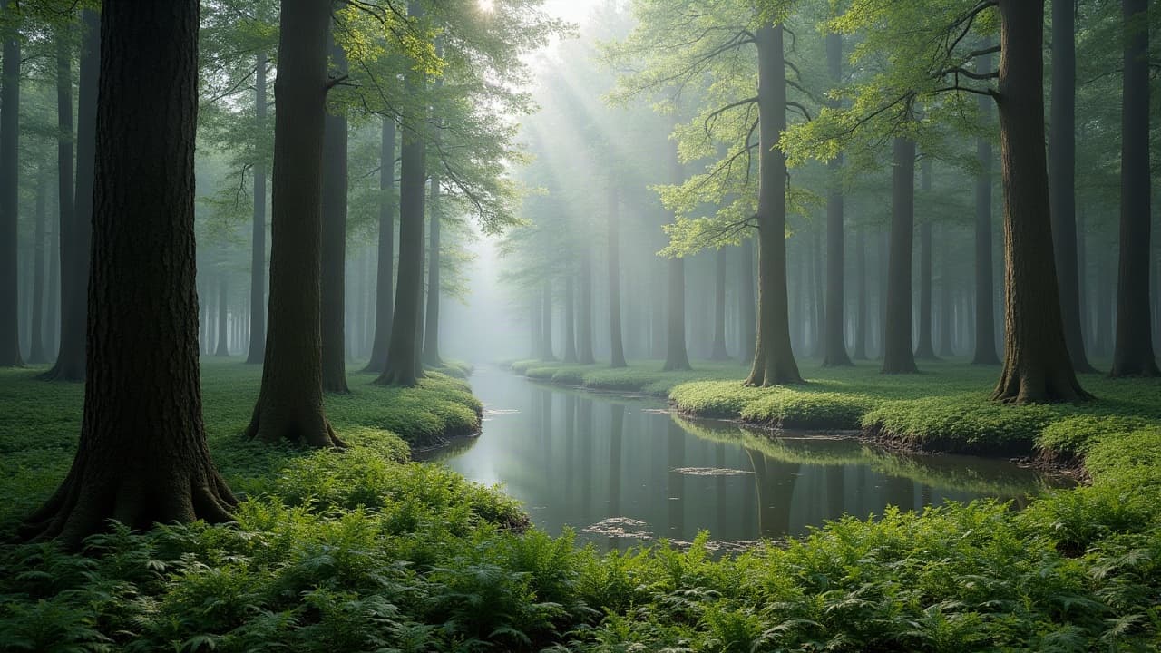 Futaie de chênes et étang au petit matin dans la forêt de Sologne, Centre-Val de Loire