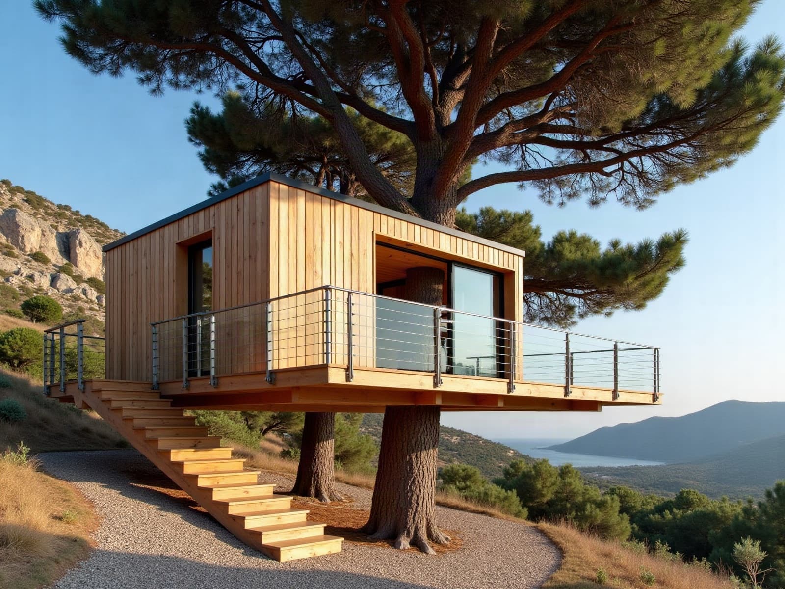 Cabane perchée contemporaine en mélèze sur un grand pin d'un versant corse dominant la mer, terrasse à garde-corps à câbles inox, escalier droit en bois et sol gravillonné au pied