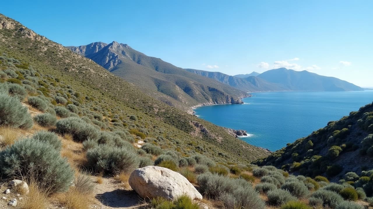 Maquis méditerranéen sur un versant rocheux de l'intérieur de la Corse