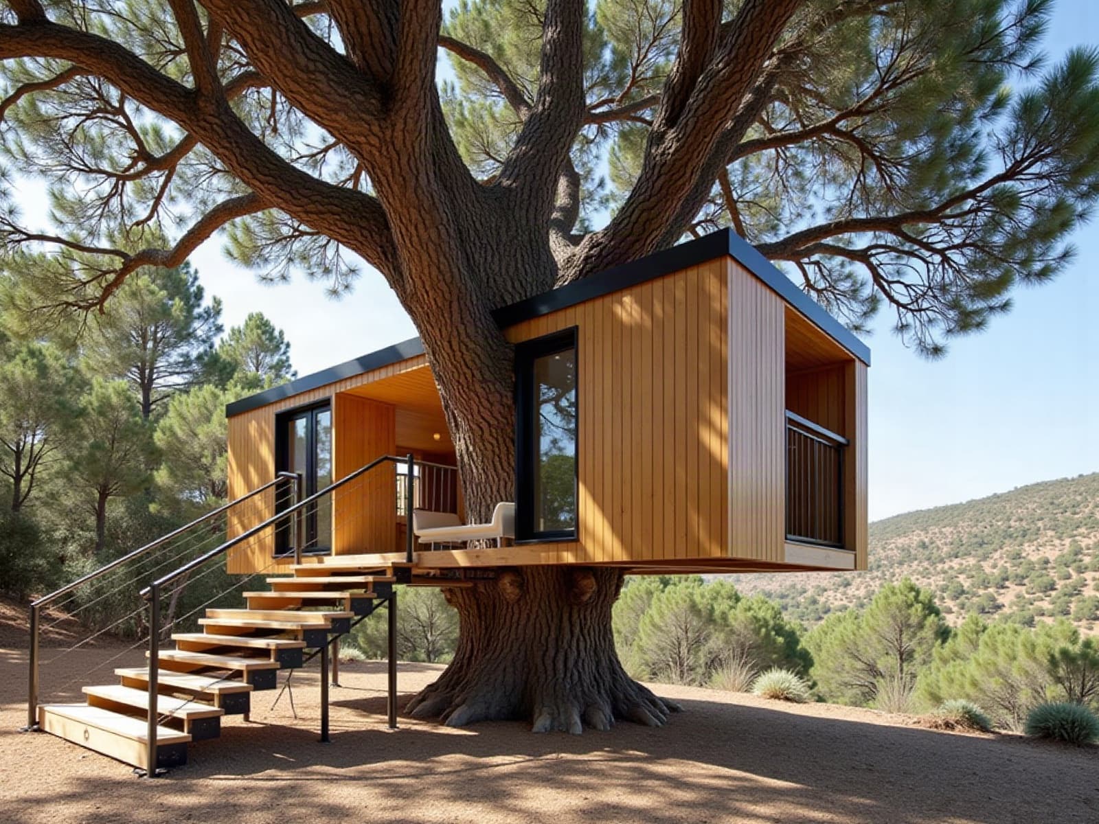 Cabane perchée en bois clair construite autour du tronc d'un grand pin corse, sol entièrement dégagé et gravillonné, escalier à limons acier