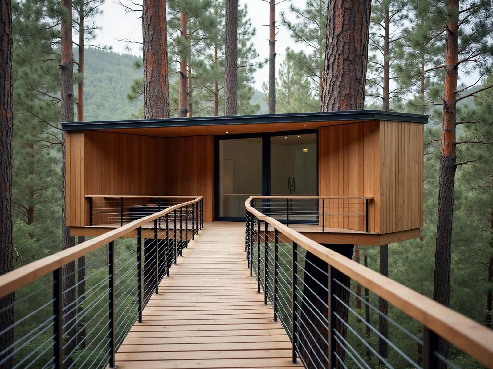 Passerelle en bois à garde-corps à câbles menant à une cabane perchée terminée, accrochée à de grands pins d'un versant de montagne corse