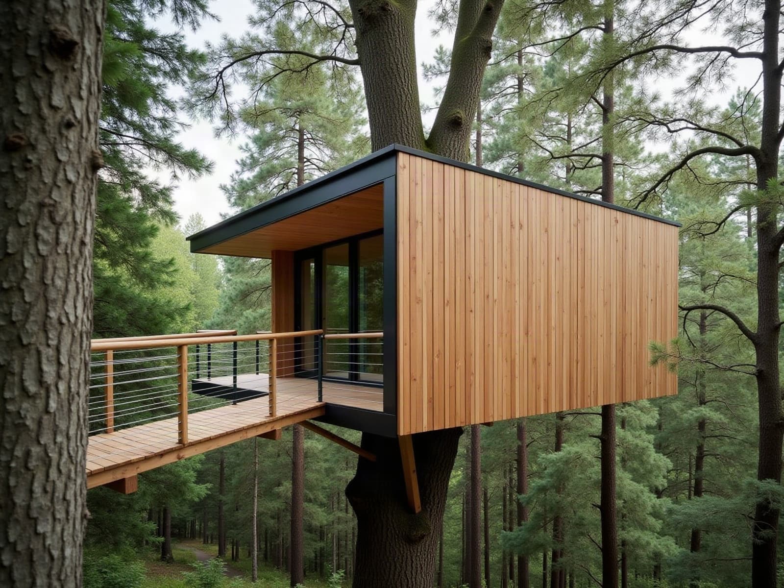 Cabane perchée contemporaine en bois accrochée à un grand arbre d'une forêt de résineux, passerelle d'accès à garde-corps à câbles
