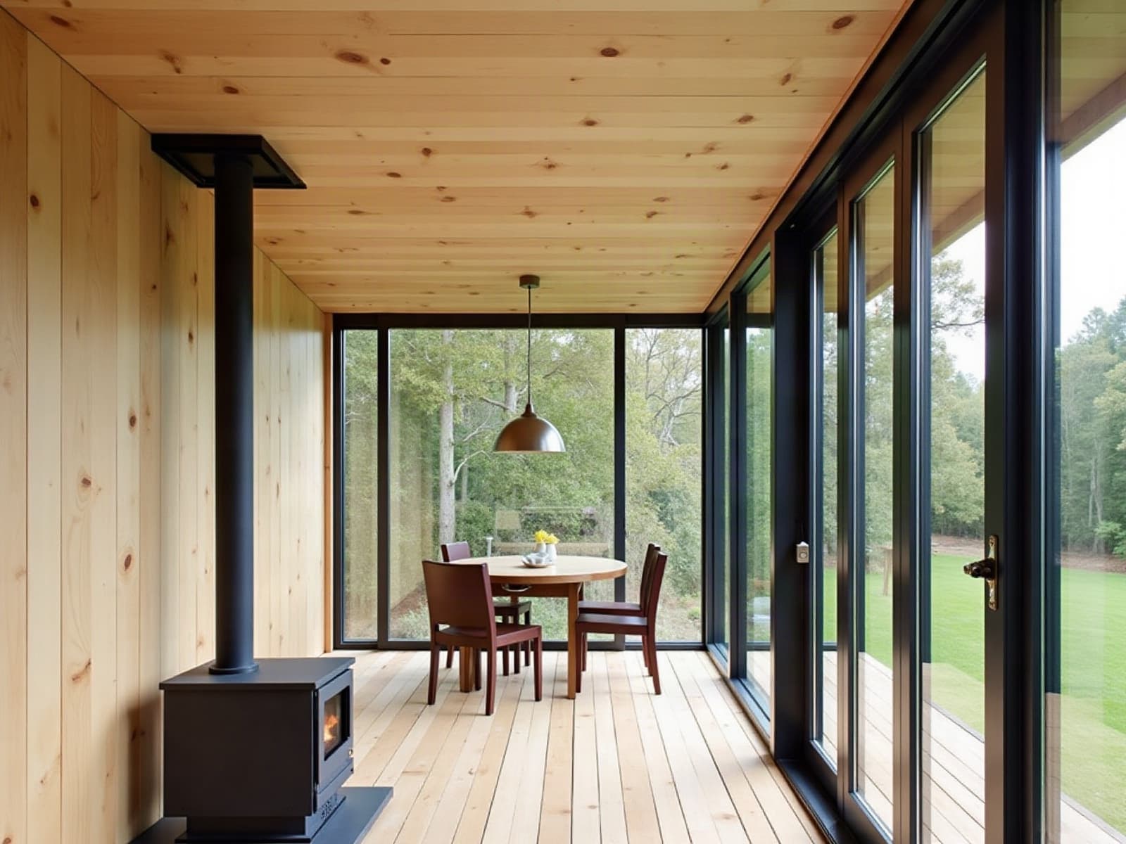 Intérieur fini d'une cabane perchée isolée, poêle à bois compact sur plaque, lambris clair et grandes baies vitrées sur la forêt