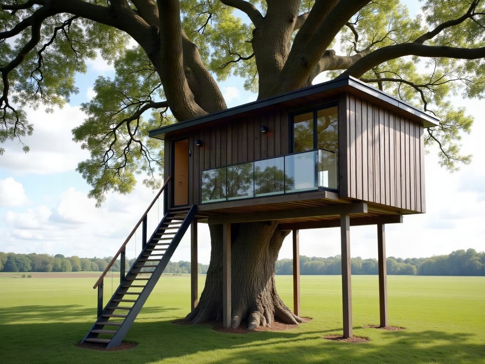 Cabane perchée contemporaine en bois foncé portée par un grand chêne et des poteaux au bord d'un pâturage, garde-corps vitré et escalier acier