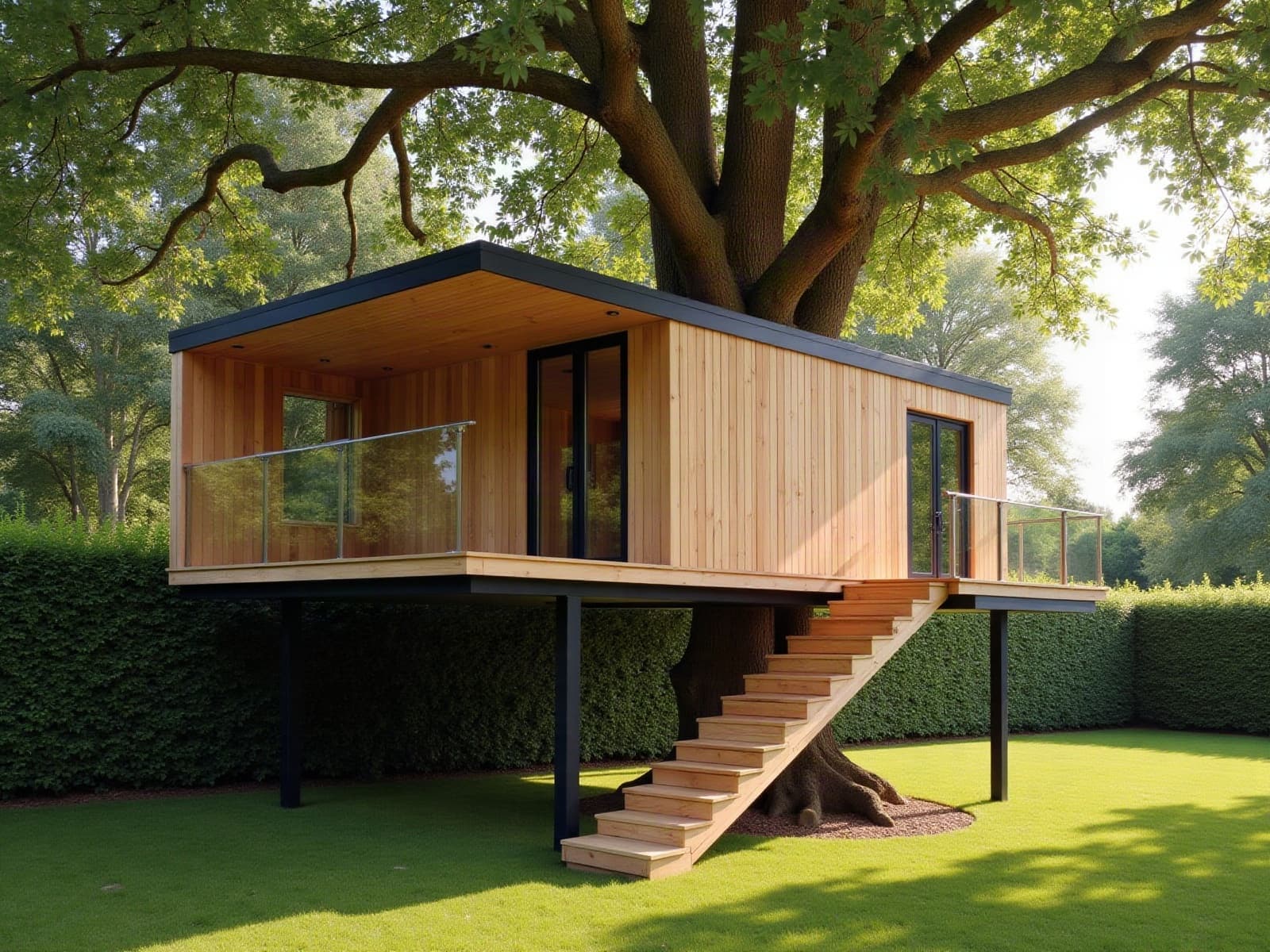 Cabane perchée contemporaine en bois appuyée sur un grand chêne et des poteaux au fond d'un jardin entouré de haies, garde-corps vitré et escalier droit en bois
