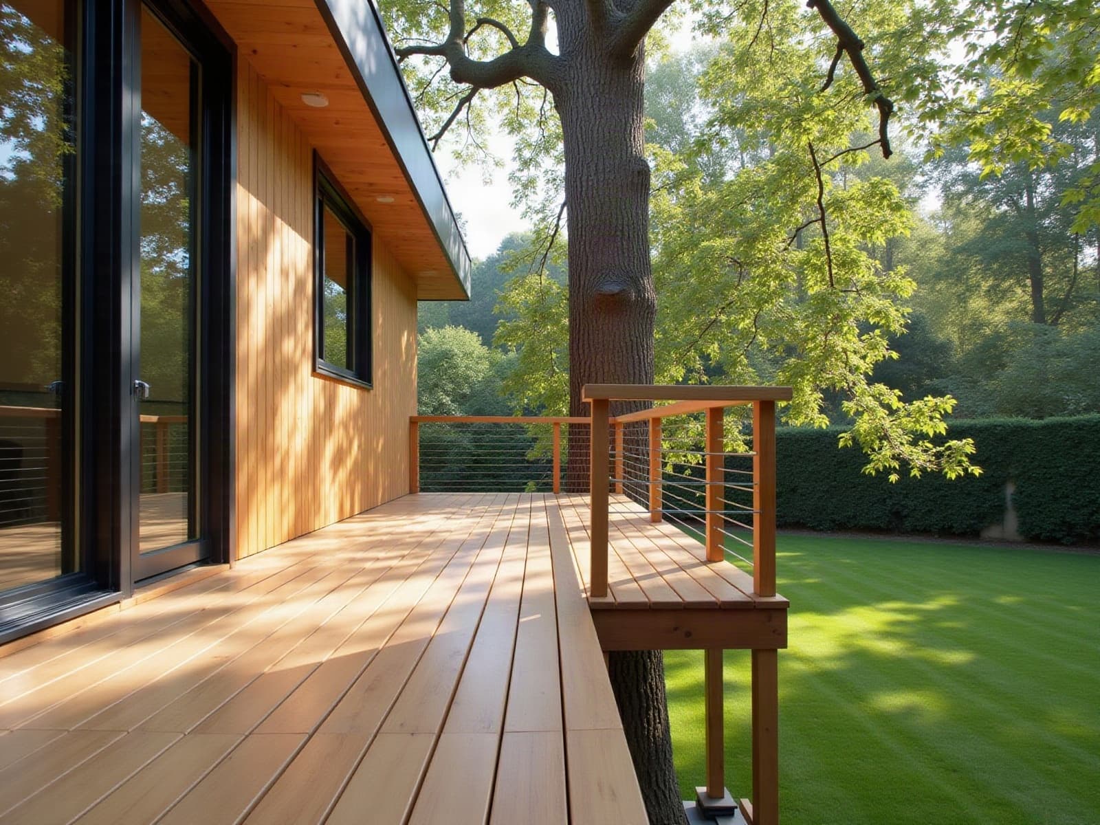 Terrasse en bois d'une cabane perchée terminée autour d'un tronc, garde-corps en bois et câbles inox au-dessus d'une pelouse de jardin