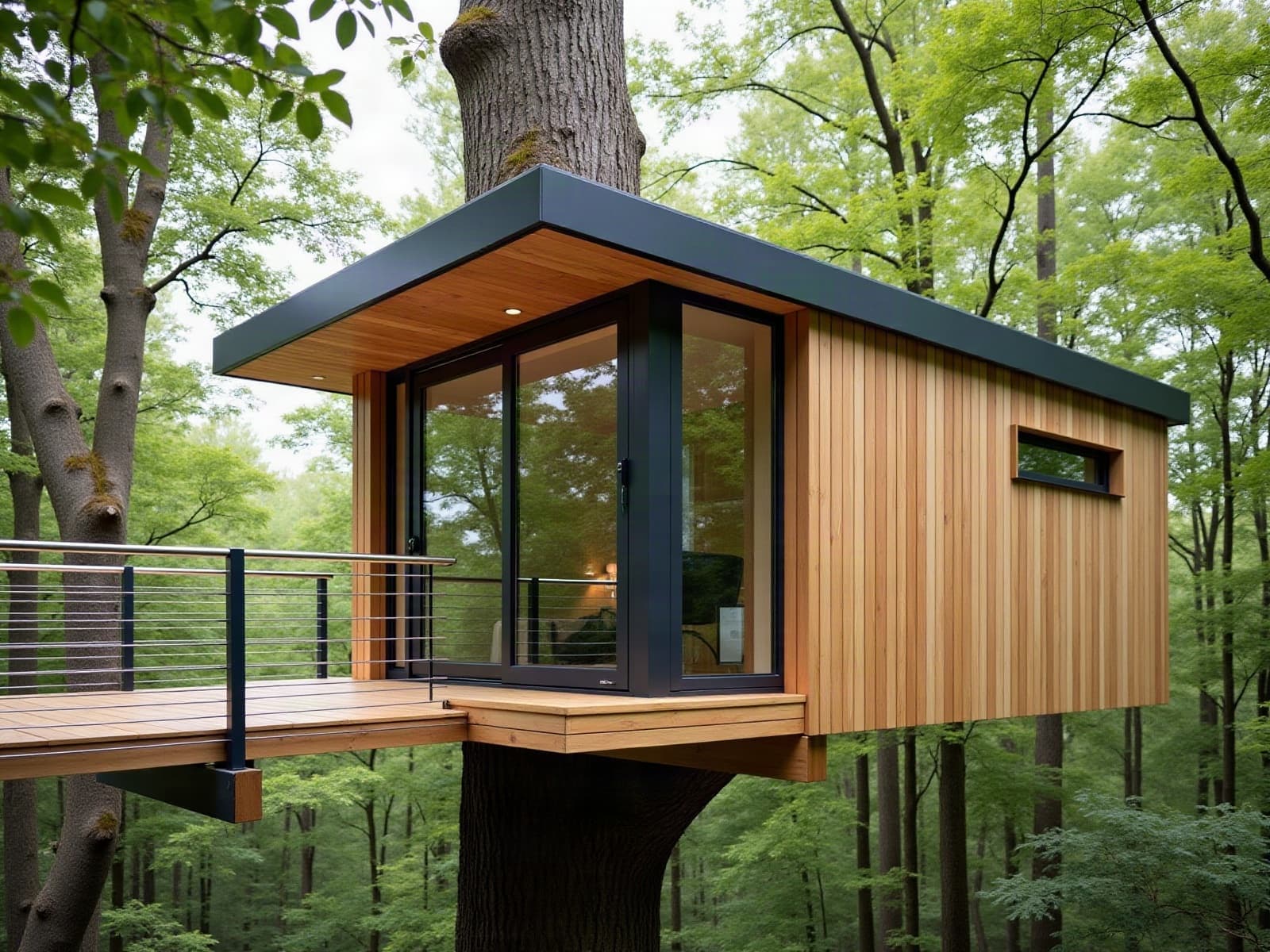 Cabane perchée contemporaine en bois accrochée au tronc d'un grand hêtre en forêt normande, terrasse à garde-corps à câbles inox