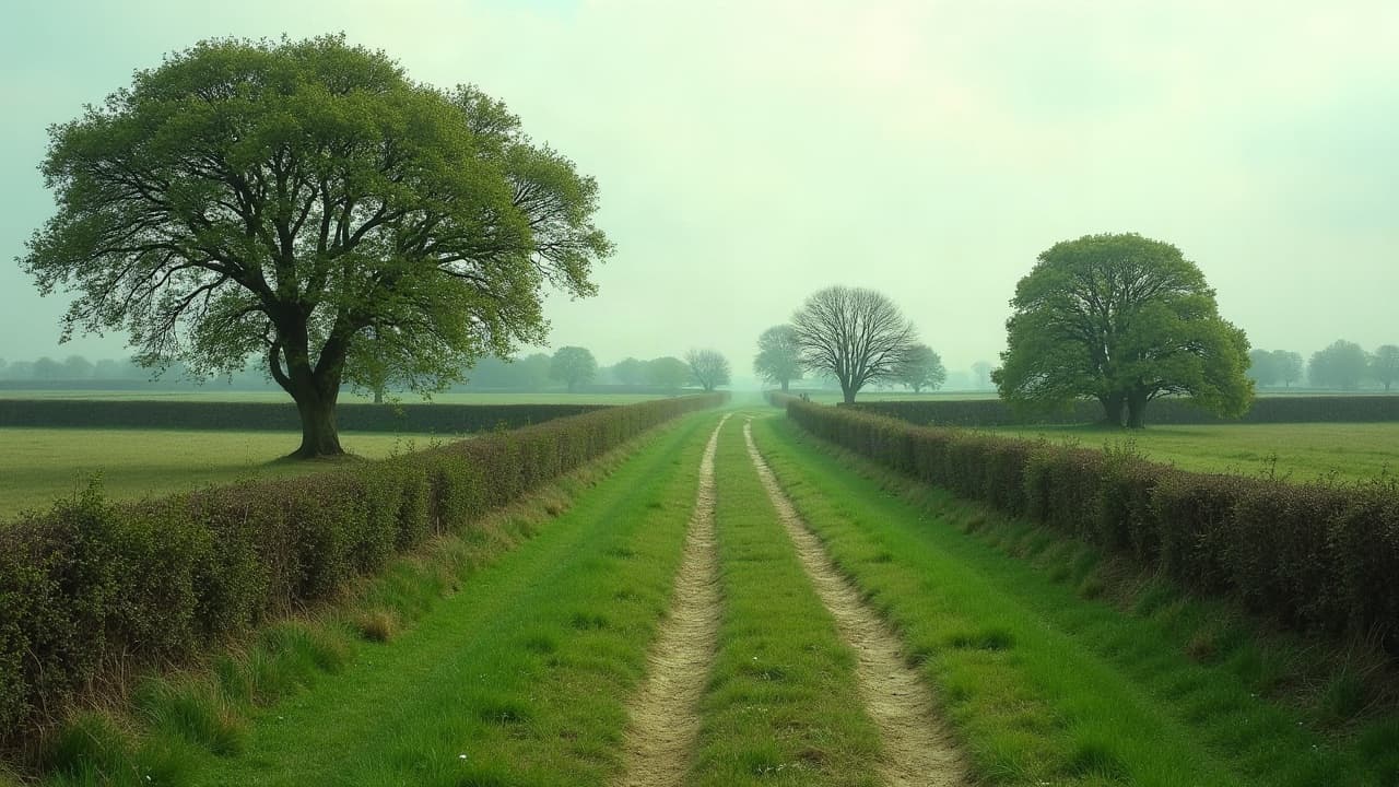 Chemin bordé de haies et d'un grand chêne dans le bocage normand
