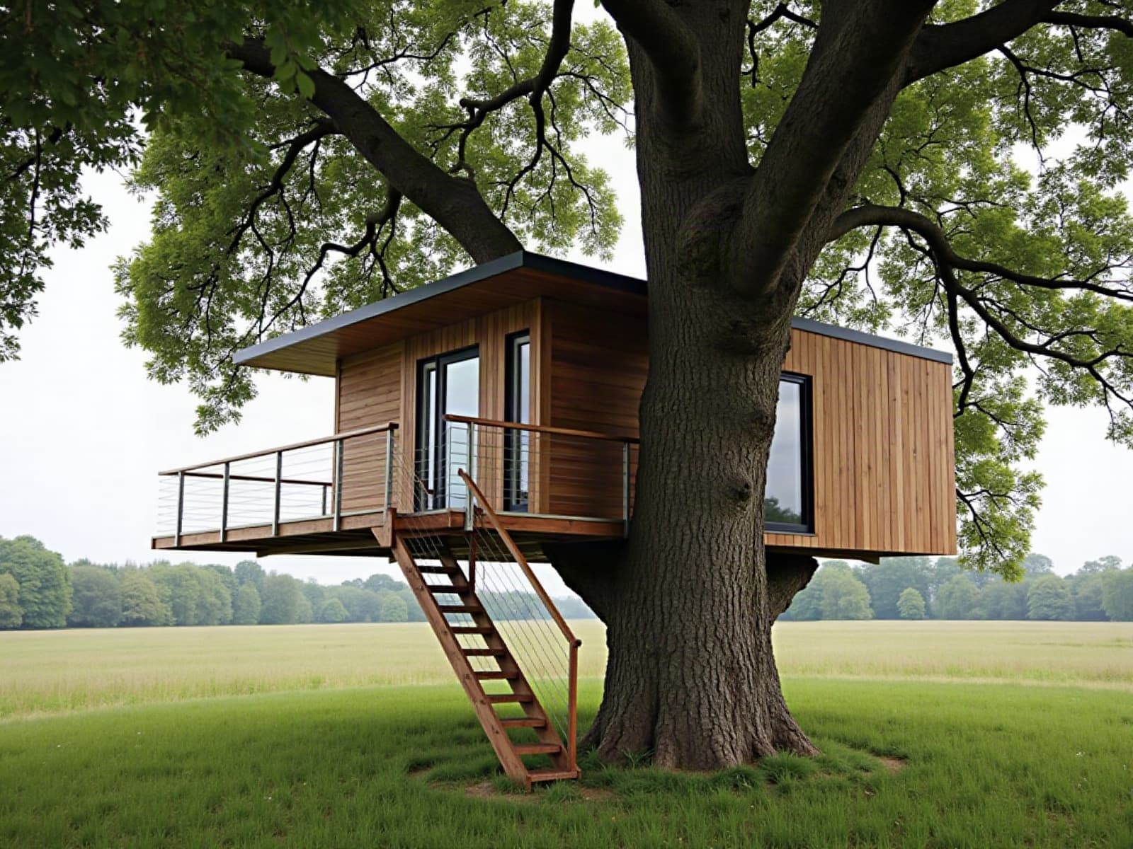 Cabane perchée en bois autour du tronc d'un grand chêne en bord de prairie, terrasse à câbles inox et escalier droit en bois