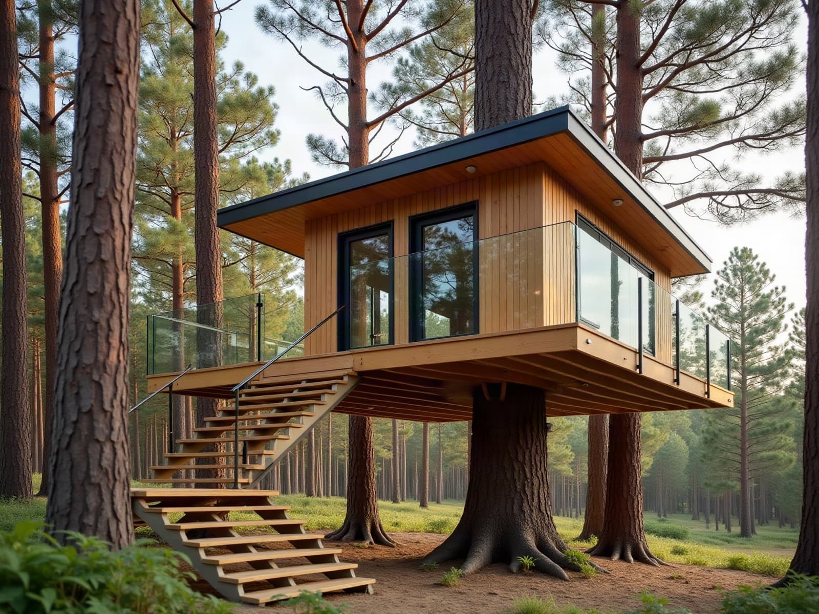 Cabane perchée contemporaine en bois portée par plusieurs pins maritimes dans une forêt des Landes, garde-corps vitré et large escalier en bois