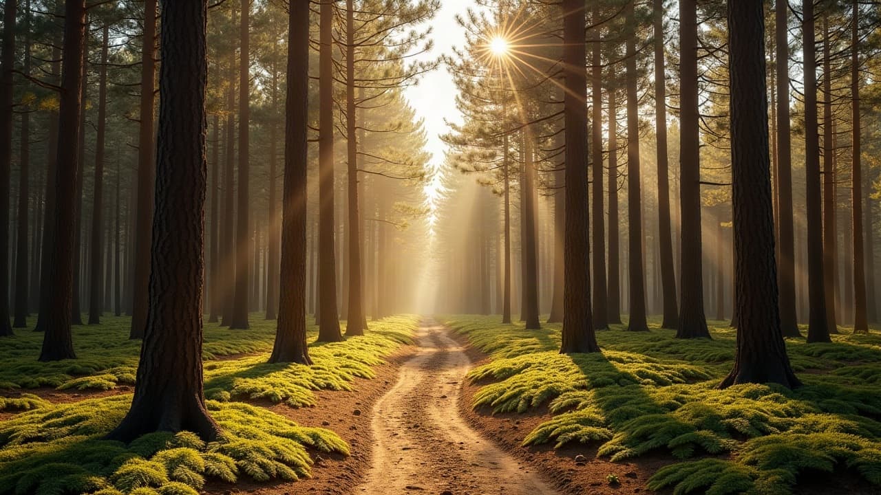 Forêt de pins maritimes des Landes traversée par la lumière du matin, Nouvelle-Aquitaine